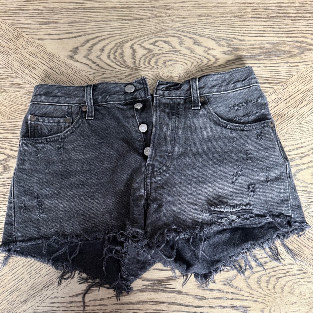 Levis 501 Original Distressed Black Denim Shorts High Rise Button Fly Cutoffs 25